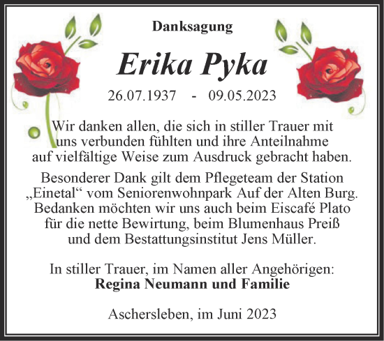 Traueranzeige von Erika Pyka von Trauerkombi Aschersleben