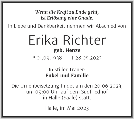 Traueranzeige von Erika Richter von Mitteldeutsche Zeitung Halle/Saalkreis