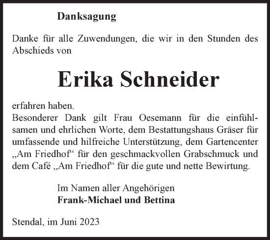 Traueranzeige von Erika Schneider von Volksstimme Altmark Ost