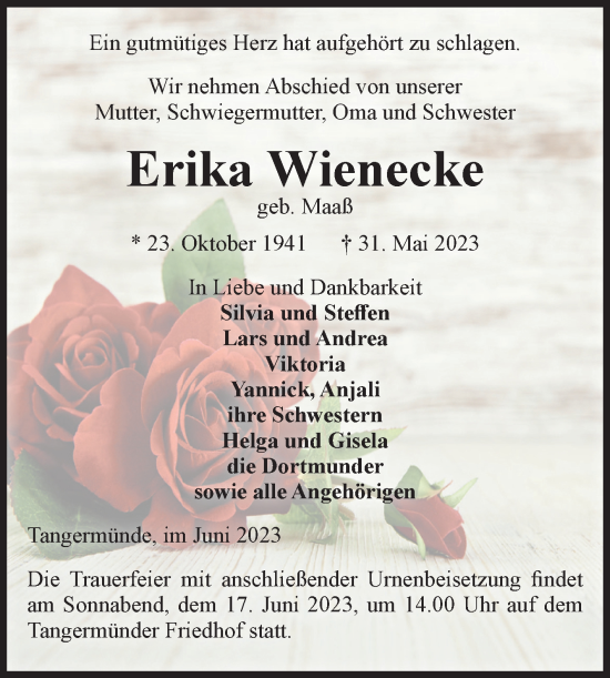 Traueranzeige von Erika Wienecke von Volksstimme Altmark Ost