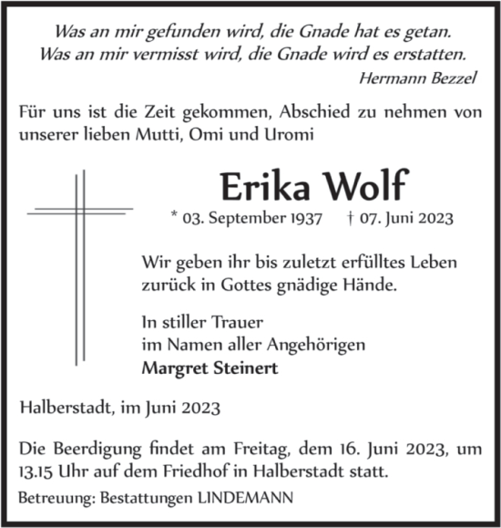 Traueranzeige von Erika Wolf von Volksstimme Halberstadt