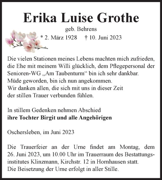 Traueranzeige von Erika Luise Grothe von Volksstimme Oschersleben/Wanzleben