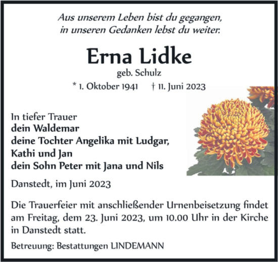 Traueranzeige von Erna Lidke von Volksstimme Wernigerode