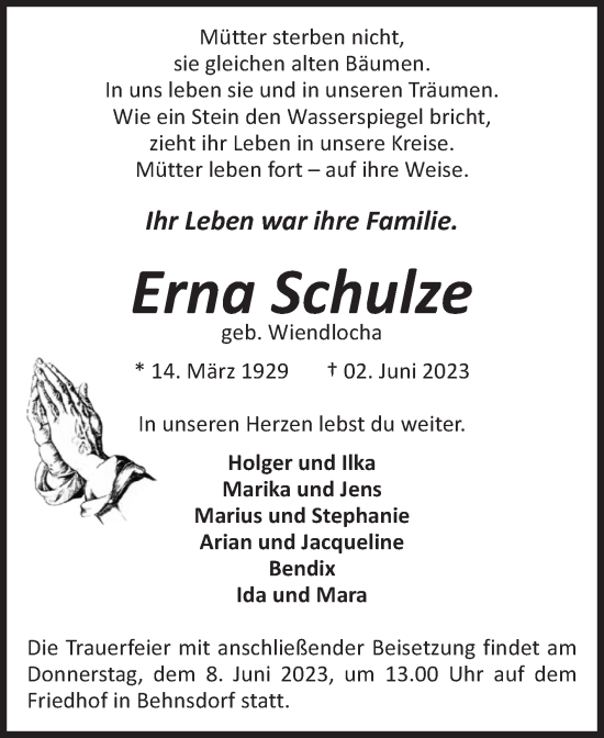 Traueranzeige von Erna Schulze von Volksstimme Haldensleben/Wolmirstedt