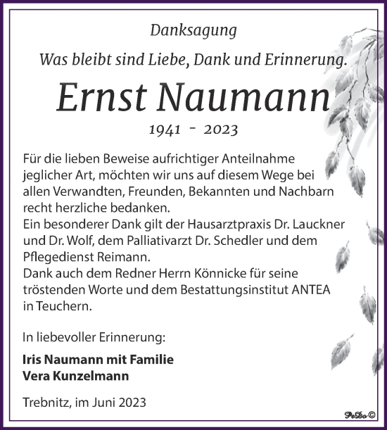 Traueranzeige von Ernst Naumann von Trauerkombi Weißenfels