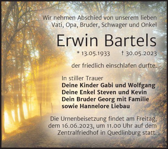 Traueranzeige von Erwin Bartels von Trauerkombi Quedlinburg