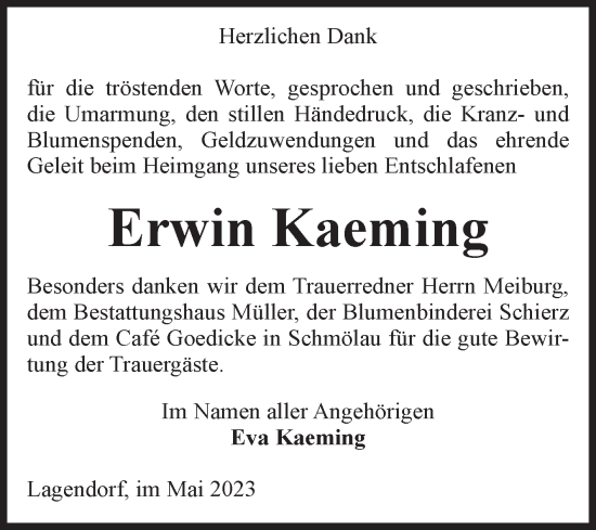 Traueranzeige von Erwin Kaeming von Volksstimme Altmark West