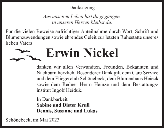 Traueranzeige von Erwin Nickel von Volksstimme Schönebeck