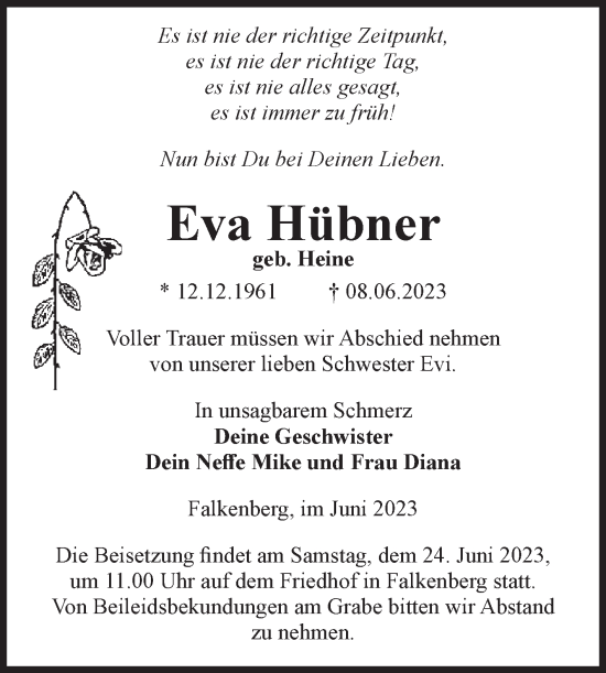 Traueranzeige von Eva Hübner von Volksstimme Altmark Ost