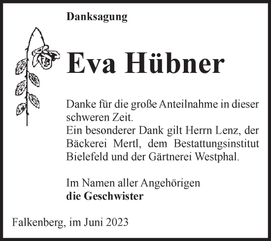 Traueranzeige von Eva Hübner von Volksstimme Altmark Ost