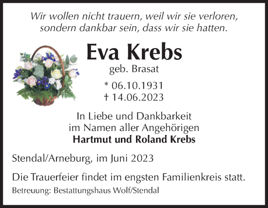 Traueranzeige von Eva Krebs von Volksstimme Altmark Ost