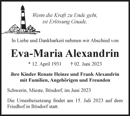 Traueranzeige von Eva-Maria Alexandrin von Volksstimme Haldensleben/Wolmirstedt