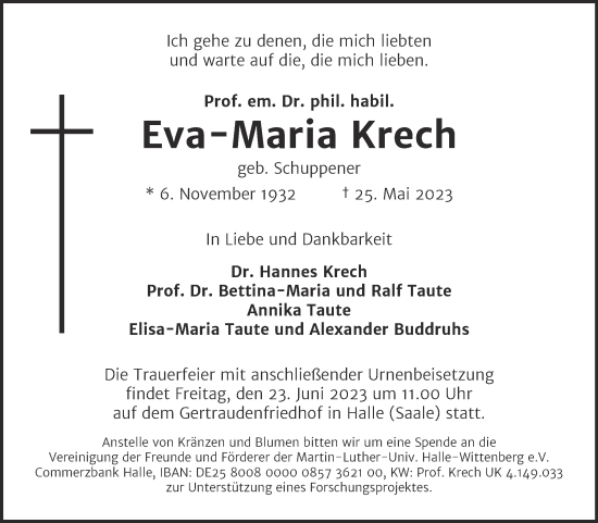 Traueranzeige von Eva-Maria Krech von Mitteldeutsche Zeitung Halle/Saalkreis