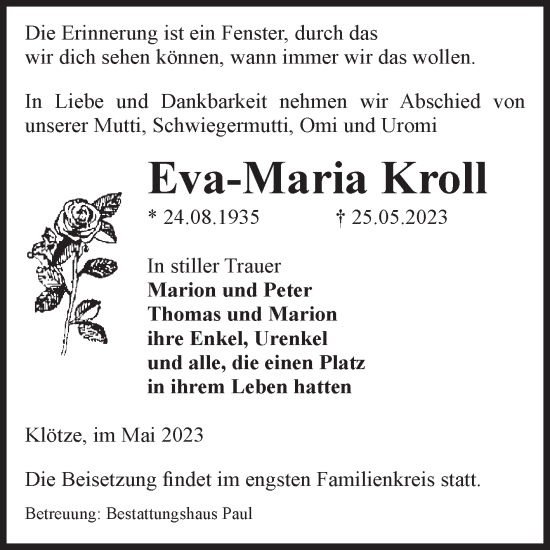 Traueranzeige von Eva-Maria Kroll von Volksstimme Altmark West