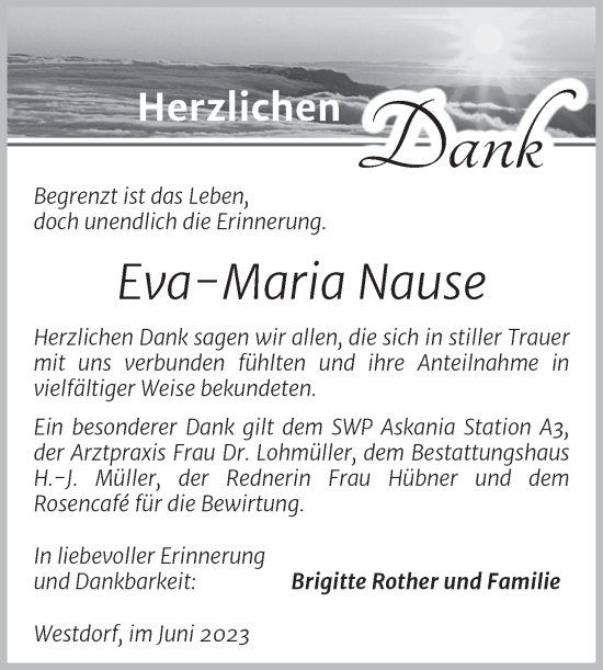 Traueranzeige von Eva-Maria Nause von Trauerkombi Aschersleben