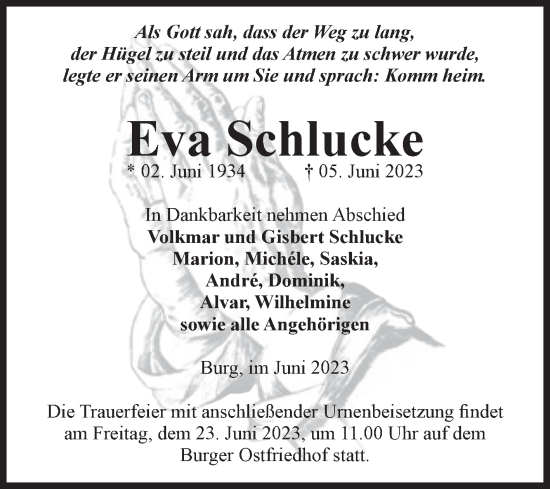 Traueranzeige von Eva Schlucke von Volksstimme Burg/Genthin