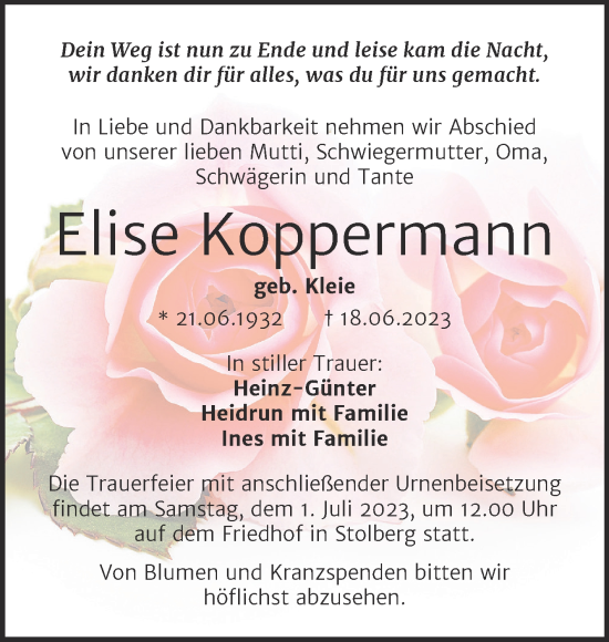 Traueranzeige von Elise Koppermann 