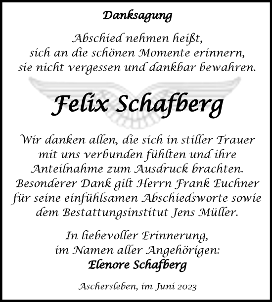 Traueranzeige von Felix Schafberg von Trauerkombi Aschersleben