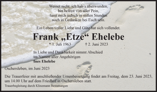 Traueranzeige von Frank Ehelebe von Volksstimme Oschersleben/Wanzleben