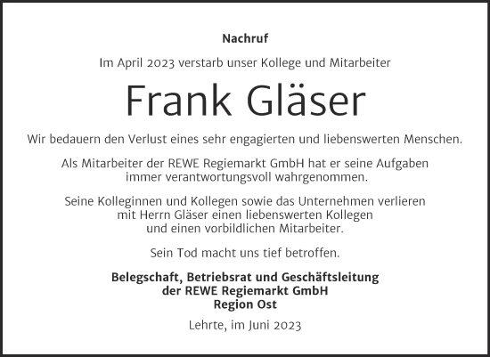 Traueranzeige von Frank Gläser von Mitteldeutsche Zeitung Halle/Saalkreis