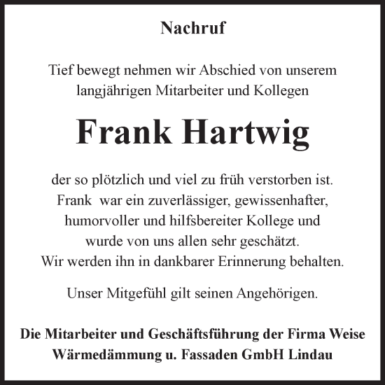 Traueranzeige von Frank Hartwig von Volksstimme Zerbst