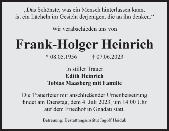 Traueranzeige von Frank-Holger Heinrich von Volksstimme Schönebeck