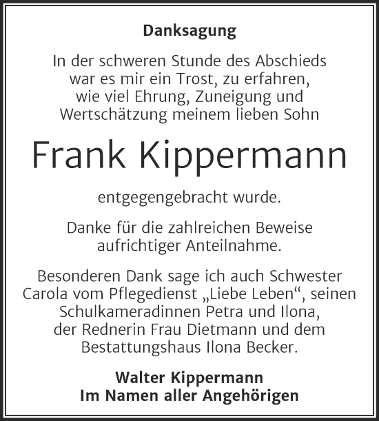 Traueranzeige von Frank Kippermann von Trauerkombi Sangerhausen