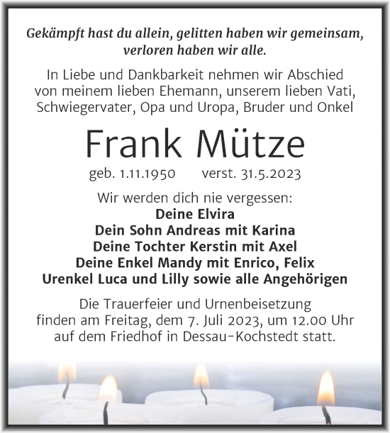Traueranzeige von Frank Mütze von Trauerkombi Dessau