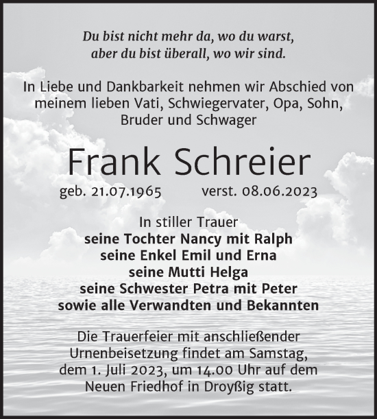 Traueranzeige von Frank Schreier von Trauerkombi Zeitz