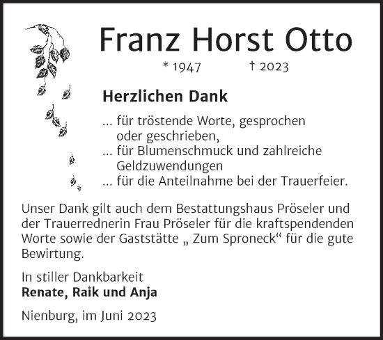 Traueranzeige von Franz Horst Otto von Trauerkombi Bernburg