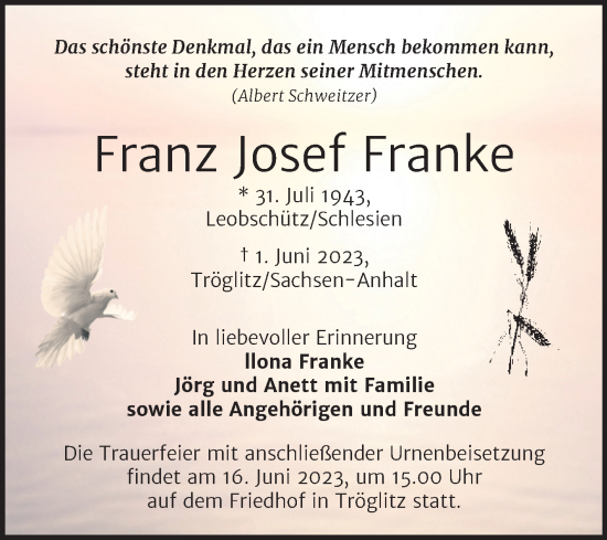 Traueranzeige von Franz Josef Franke von Trauerkombi Zeitz