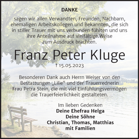 Traueranzeige von Franz Peter Kluge von Trauerkombi Dessau