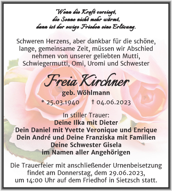 Traueranzeige von Freia Kirchner von Mitteldeutsche Zeitung Halle/Saalkreis
