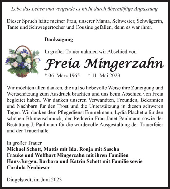 Traueranzeige von Freia Mingerzahn von Volksstimme Oschersleben/Wanzleben