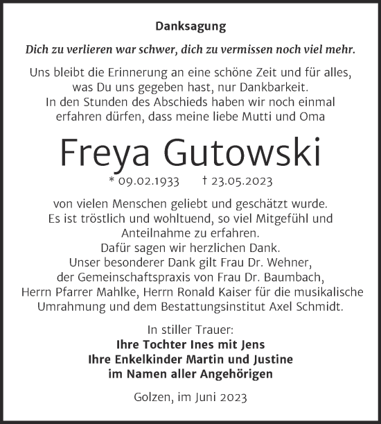 Traueranzeige von Freya Gutowski von Wochenspiegel Naumburg/Nebra