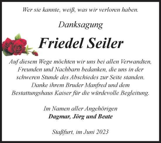 Traueranzeige von Friedel Seiler von Volksstimme Staßfurt