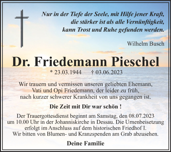 Traueranzeige von Friedemann Pieschel von Trauerkombi Dessau