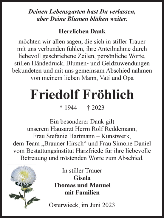 Traueranzeige von Friedolf Fröhlich von Volksstimme Halberstadt