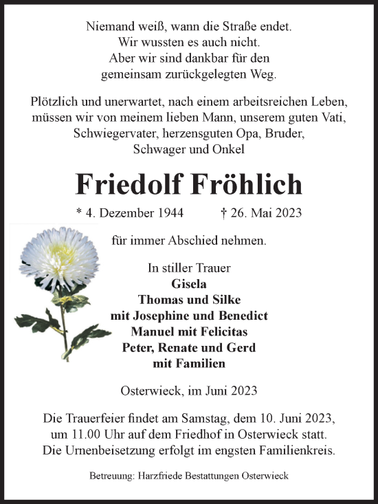 Traueranzeige von Friedolf Fröhlich von Volksstimme Halberstadt