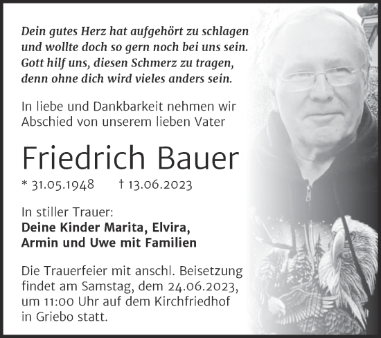 Traueranzeige von Friedrich Bauer von Trauerkombi Wittenberg