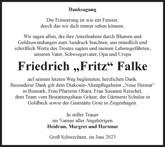 Traueranzeige von Friedrich Falke von Volksstimme Altmark Ost