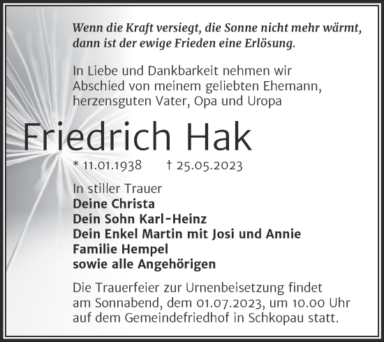 Traueranzeige von Friedrich Hak von Trauerkombi Merseburg