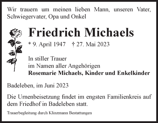Traueranzeige von Friedrich Michaels von Volksstimme Oschersleben/Wanzleben