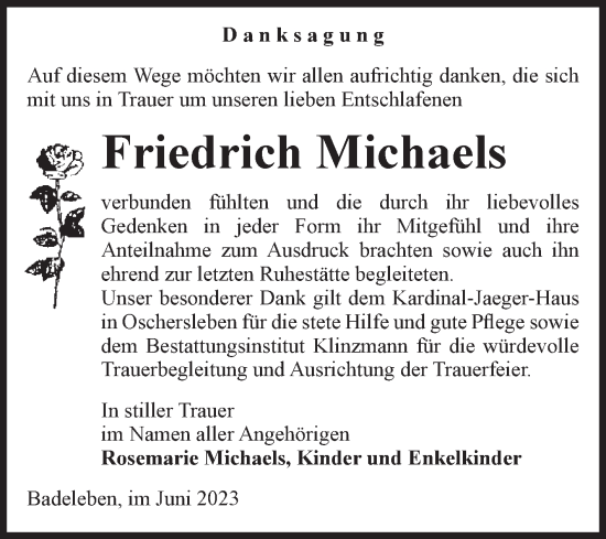 Traueranzeige von Friedrich Michaels von Volksstimme Oschersleben/Wanzleben