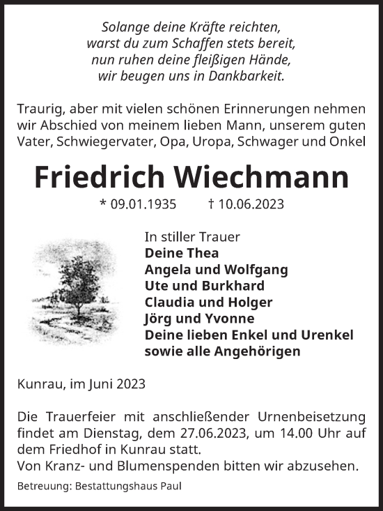 Traueranzeige von Friedrich Wiechmann von Volksstimme Altmark West