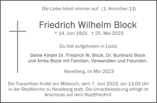 Traueranzeige von Friedrich Wilhelm Block von Volksstimme Altmark Ost