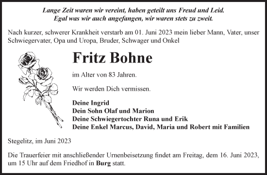 Traueranzeige von Fritz Bohne von Volksstimme Burg/Genthin