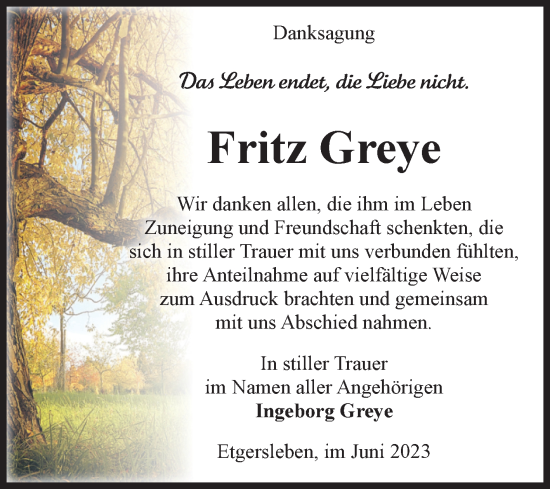 Traueranzeige von Fritz Greye von Volksstimme Staßfurt