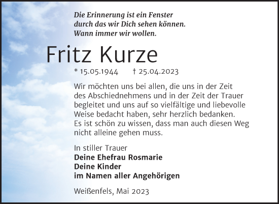 Traueranzeige von Fritz Kurze von Trauerkombi Weißenfels