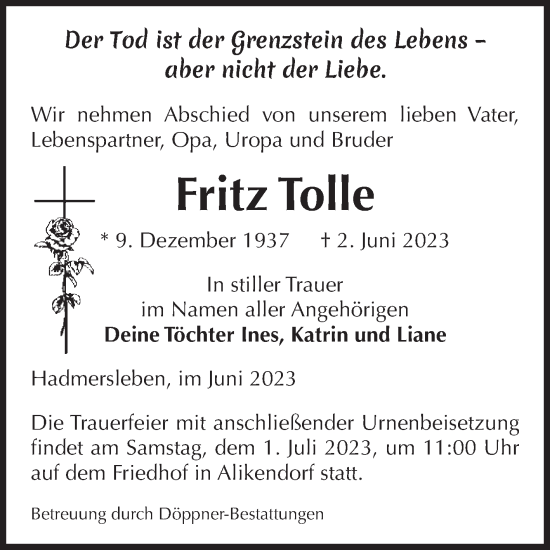 Traueranzeige von Fritz Tolle von Volksstimme Oschersleben/Wanzleben